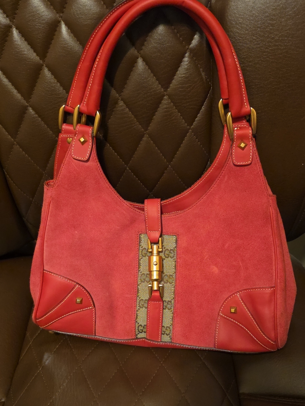 Vintage Pink Suede Gucci Bardot Shoulder Bag - Nailhead Bardot - Jackie Bardot